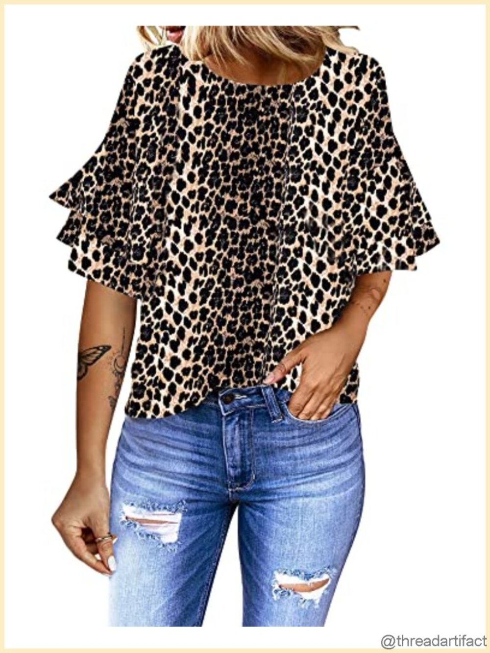 Women's Leopard Print Blouse 3/4 Tiered Bell Sleeve Crewneck Loose Top